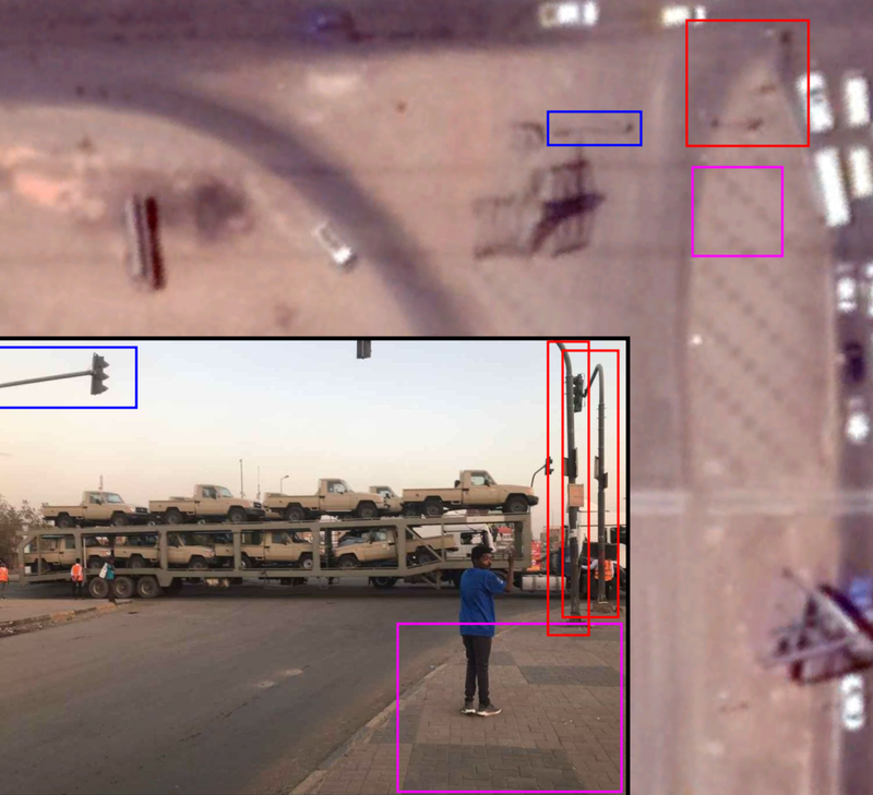 Source: Inset: Image of vehicle transporter circulating on Sudanese social media. Main picture: Google Earth satellite imagery, with coloured boxes geolocating the paving, lamp posts, and traffic lights shown in the photo