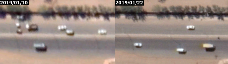 Source: screenshot of satellite images of Air Street, Khartoum from 10 January (left) and 22 January (right) 2019. In the left picture the shadows cast by the lamp posts are parallel, indicating that they are all upright.  In the right picture, while fain