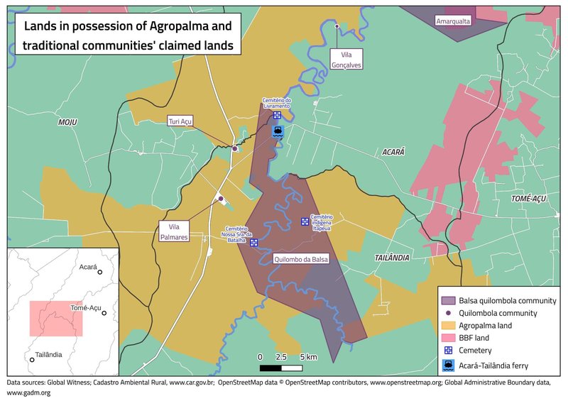 map showing lands in possession of agropalma and traditional communites' claimed lands