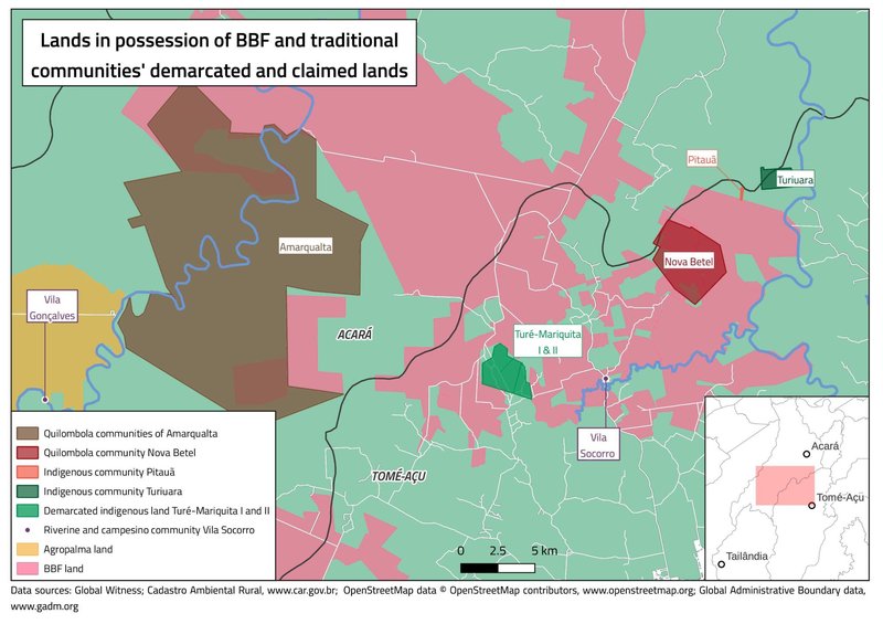 map showing lands in possession of bbf and traditional communities' demarcated and claimed lands