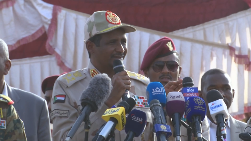 Hemedti speaks at a press conference in Khartoum, July 2019. © AP Archive