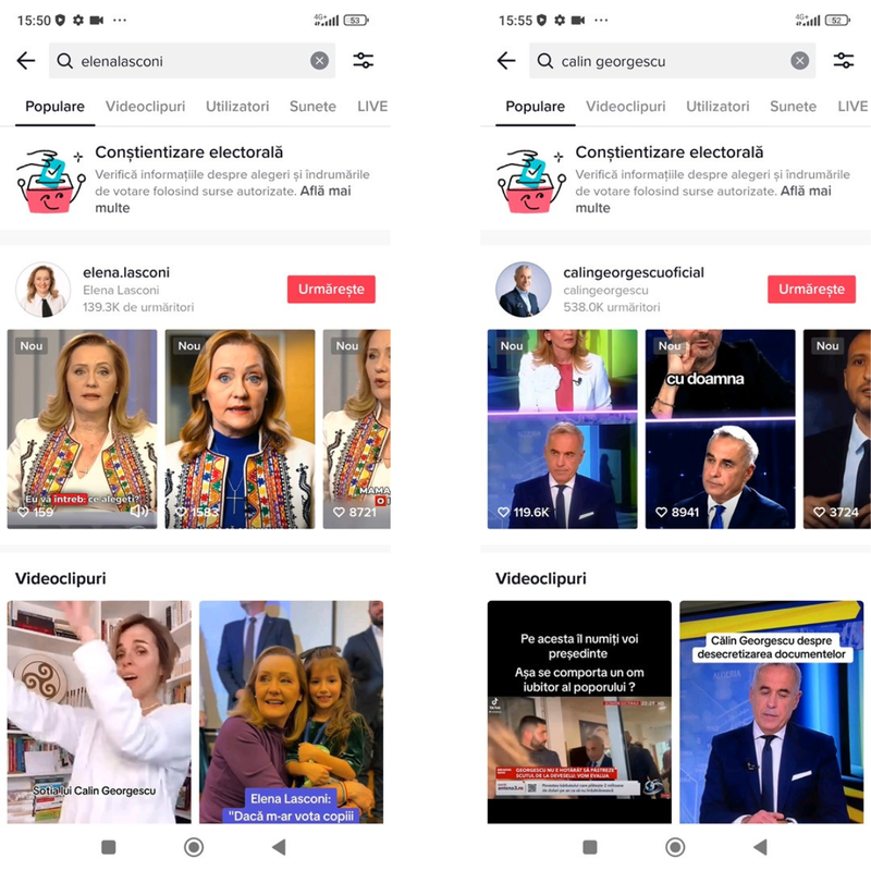 The TikTok accounts for presidential candidates Elena Lasconi and Călin Georgescu