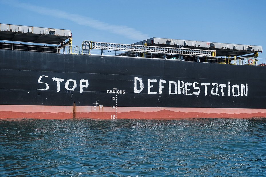 Activists from Greenpeace France welcomed the cargo ship Cabrillo coming from the Cerrado region (Brazil) off the Saint-Nazaire harbour