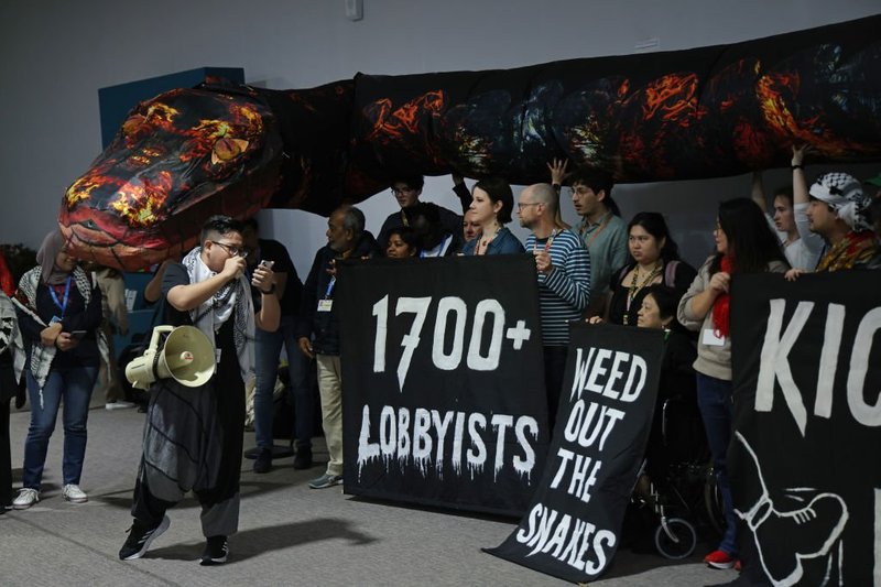 Activists protesting against fossil fuel lobbyists at COP29 demonstrate on day five of the climate conference in Baku, Azerbaijan. Sean Gallup / Getty Image