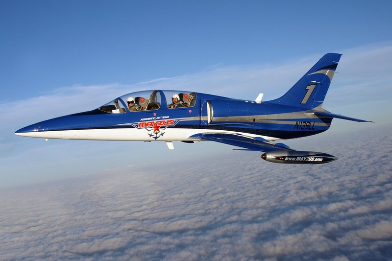 An Aero L-39 Albatros from the Mayzus Aerobatic Jet Team flying through sky