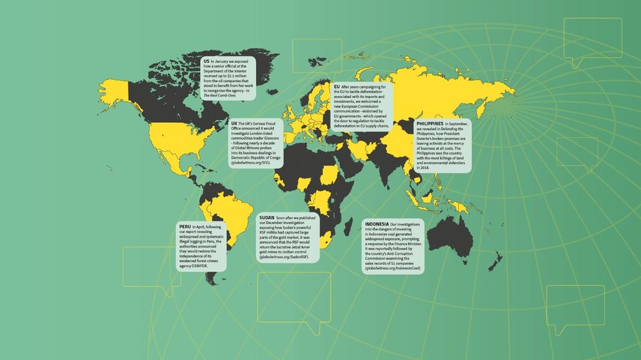 map showing global witness impact around world for annual report 2019 with text