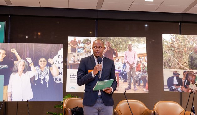 Anthony Odur, a human rights lawyer from Uganda, addresses a Global Witness event at Climate Week NYC, September 2024. Natalie Keyssar / Global Witness