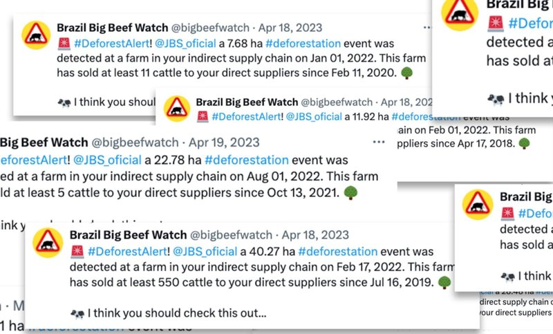 Screenshot of the tweet alerts we sent to JBS about deforestation taking place on its indirect suppliers' land in Pará, Brazil