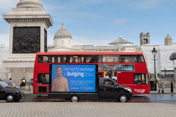 OilyFans Billboard of BP CEO Bernard Looney in Central London by Trafalgar Square