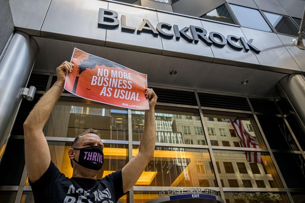 Climate activists with Stop the Money Pipeline held a rally in midtown Manhattan on May 25, 2021 outside BlackRock’s HQ, one of the world’s biggest funders of climate destruction in their opinion. Erik McGregor / Sipa USA