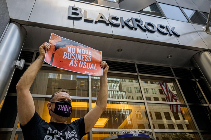 Climate activists with Stop the Money Pipeline held a rally in midtown Manhattan on May 25, 2021 outside BlackRock’s HQ, one of the world’s biggest funders of climate destruction in their opinion. Erik McGregor / Sipa USA