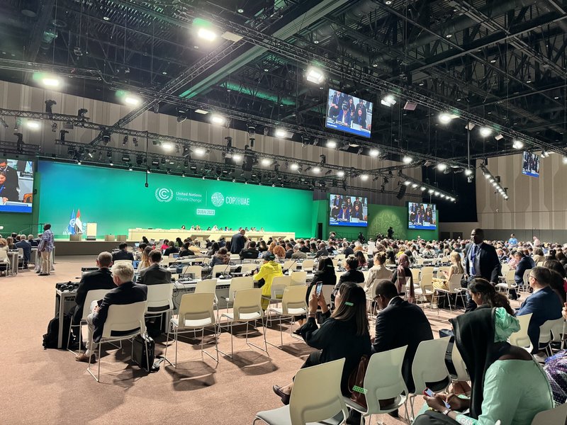 Inside the plenary at COP28, with COP28 President Sultan Al Jaber on the stage, on 30 November 2023, Dubai, UAE. Lai Yun / Global Witness