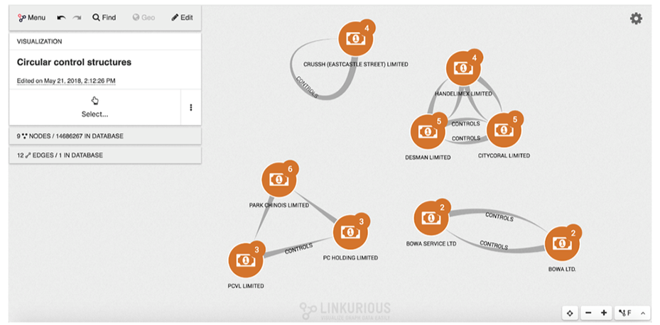 Circular control structures diagram made on Linkurious Enterprise