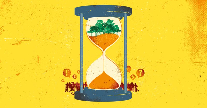 illustration showing hourglass, with forests in top half and agribusiness workers standing around it, illustration of time running out to solve climate crisis