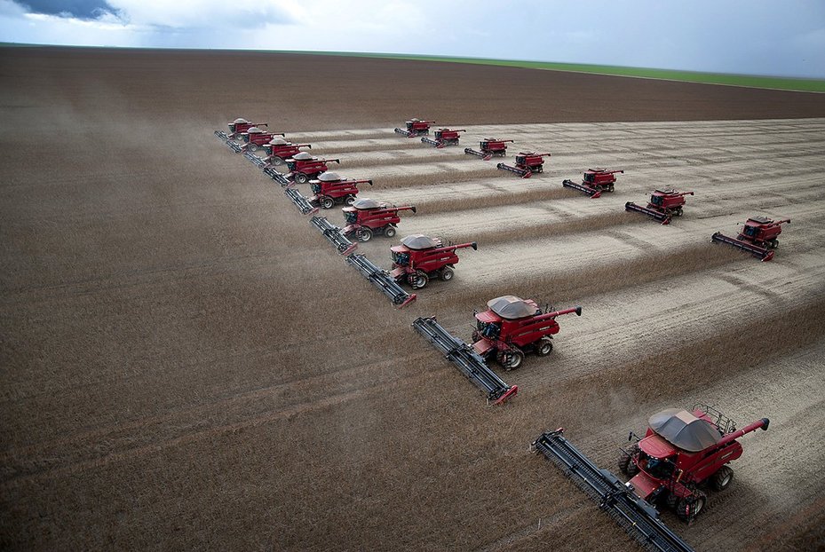 Combines harvest soybeans near Tangara da Serra in the Cerrado part of Mato Grosso, Brazil