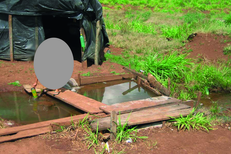 photo shows working conditions of labourers in Fazenda Terra Roxa, with person cleaning cooking equipment in manure-riddled water