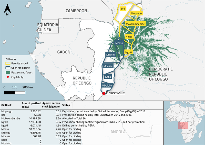 map showing Republic of Congo’s Cuvette oil blocks and the peatlands