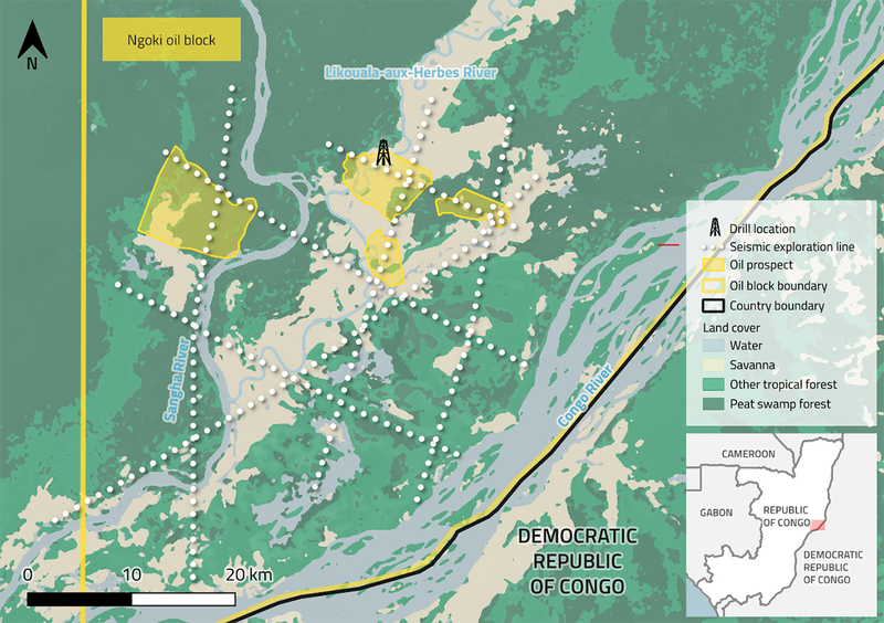 map showing Ngoki block – location of oil activities and peatland forest in Congo Basin