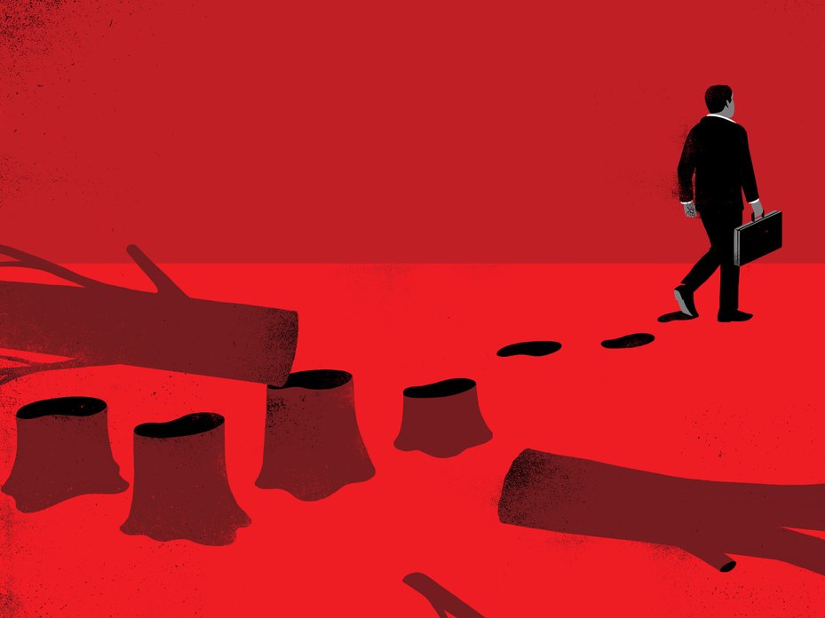 illustration showing businessman walking away from deforestation