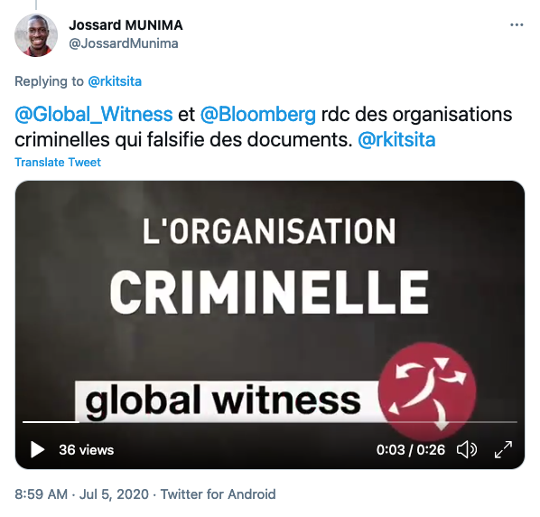 A tweet attacking Global Witness and Bloomberg