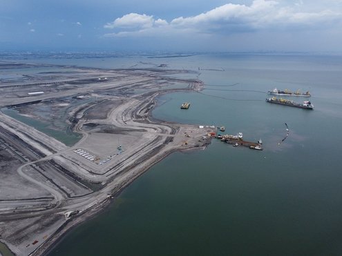 Drone footage of construction of land for New Manila Bay Airport