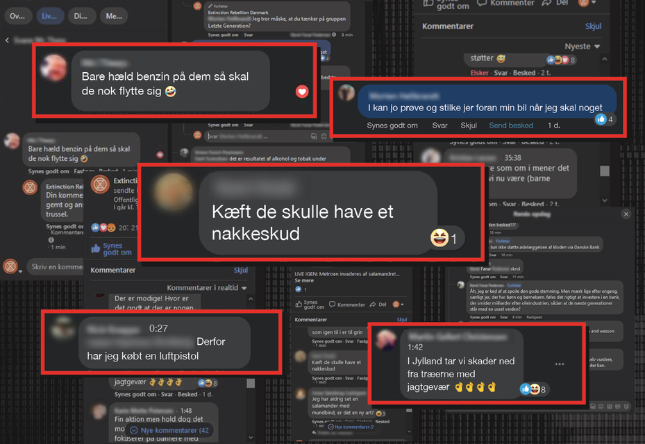 Real comments made on a climate activist’s Facebook livestreams including: "Just pour gasoline on them and they'll move", "You can try to stalk yourselves in front of my car when I have something to do" and "Shut up, they should have a neck shot"