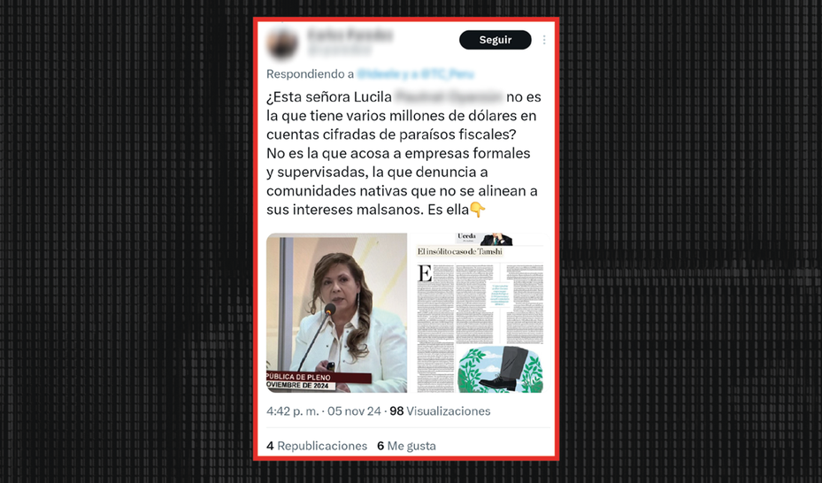 Real Facebook post suggesting that Lucilia is money laundering and denouncing Indigenous communities "that don’t align with her unhealthy interests"