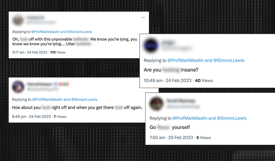screenshot of abuse directed at climate scientists on twitter/x