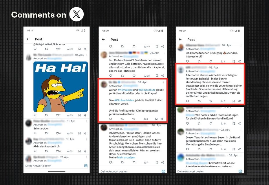 Real comments made on X responding to Jörg’s post about going to jail for his climate activism. In response the comments say: "The profiteers of climate propaganda belong in jail!"