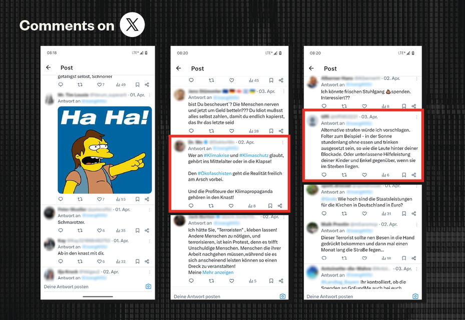 Comentários reais feitos no X respondendo à postagem de Jörg sobre ir para a prisão por causa de seu ativismo climático. Em resposta, os comentários dizem: ‘Os oportunistas da propaganda climática deveriam apodrecer na cadeia!’