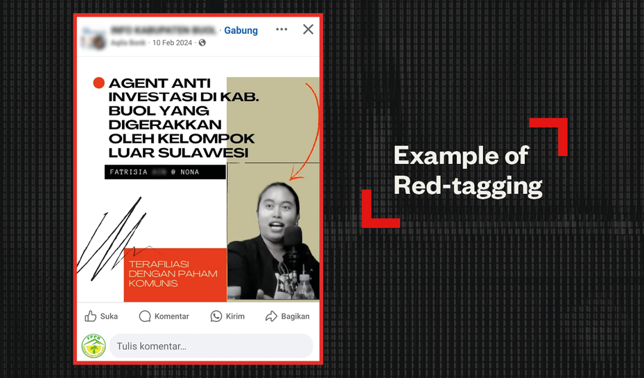 Real Facebook post red-tagging Fatrisia. It’s presented as a local news update calling Fatrisia a communist who is working for groups outside the region trying to stop investment.