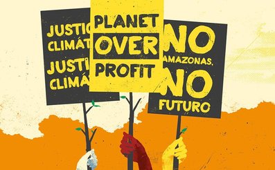 illustration of activists on climate march holding up placards that read 