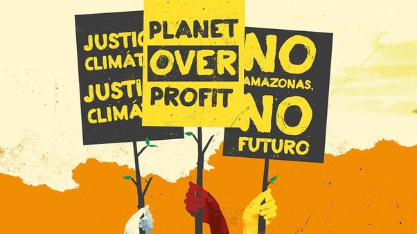 illustration of activists on climate march holding up placards that read "Planet over profit", "No Amazonas, no futuro" and "justicia climática"