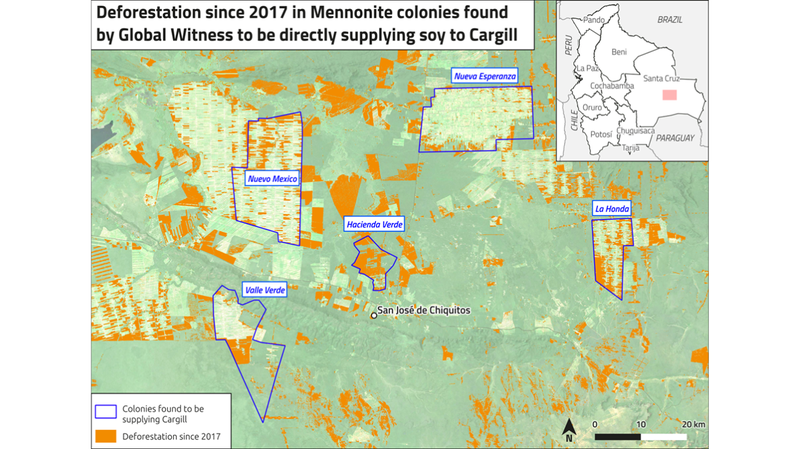 map showing Deforestation since 2017 in Mennonite colonies found by Global Witness to be directly supplying soy to Cargill