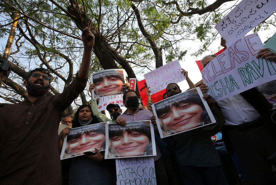 Protestors demand the release of Indian climate activist Disha Ravi