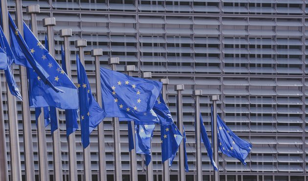 eu flags flutter in wind in brussells