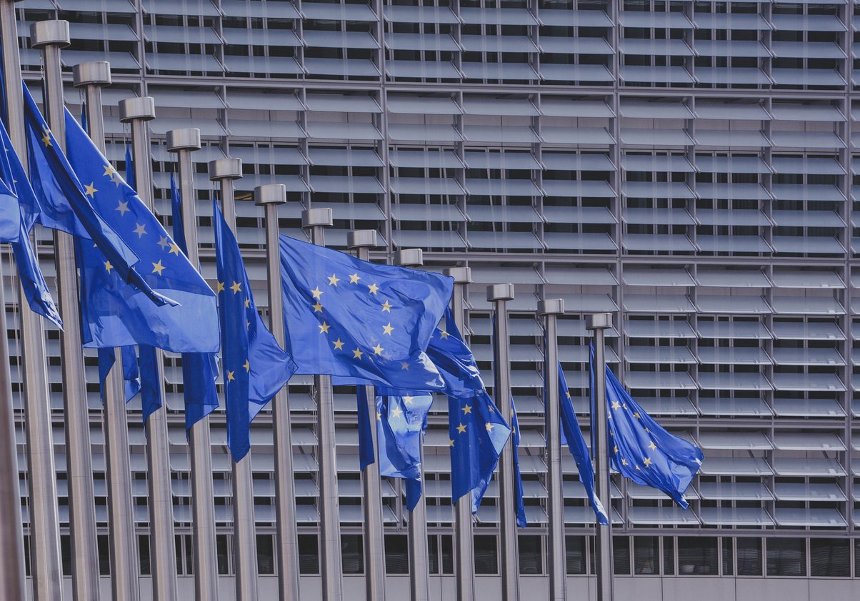 eu flags flutter in wind in brussells