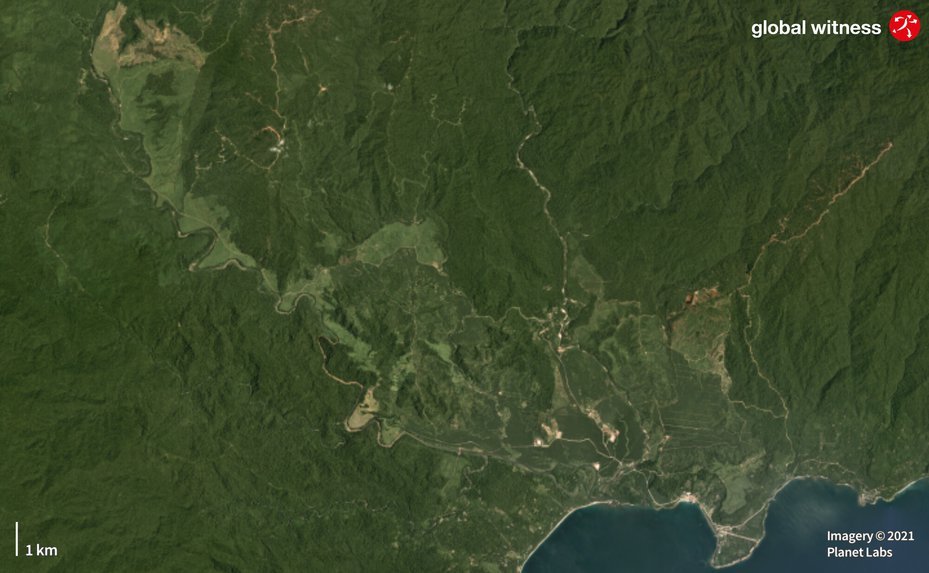 satellite map of area in papua new guinea showing forest clearance that surrounds ENB’s Liguria mill in this mosaic of satellite imagery from 2017-2018