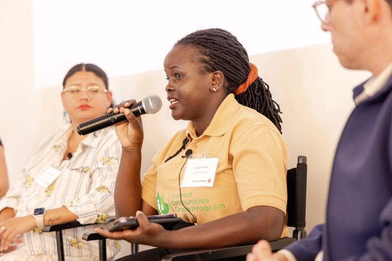 Founder of youth climate movement Agape Earth Coalition, Evelyn Acham, speaks about climate journalism at Climate Week NYC. Natalie Keyssar / Global Witness