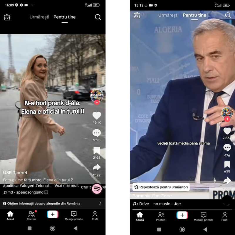 Posts recommended on the For You page in our test. These examples show the banner to get information about the Romanian election (post on left) and the banner to repost to followers (post on right), which occurred inconsistently on different posts