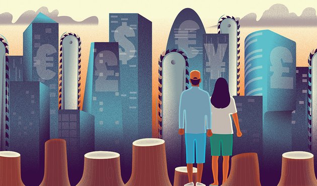 illustration showing two land and environmental defenders stood in a deforested forest looking out at financial institutions in skyscraper offices