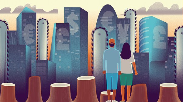 illustration showing two land and environmental defenders stood in a deforested forest looking out at financial institutions in skyscraper offices