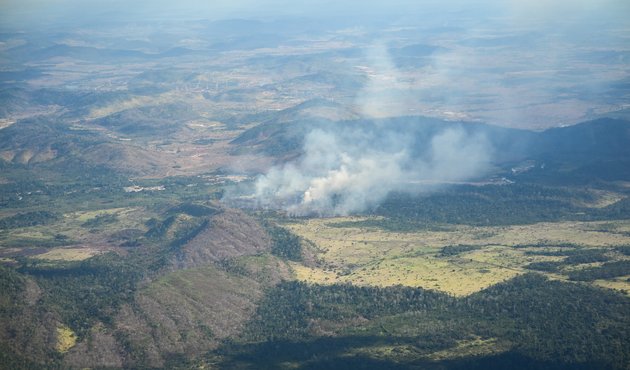 aerial view of Smoke from fires in Apyterewa Indigenous territory, in Pará state, Brazil