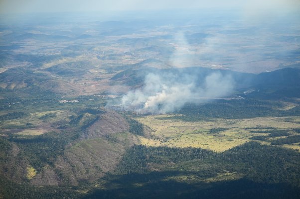 aerial view of Smoke from fires in Apyterewa Indigenous territory, in Pará state, Brazil