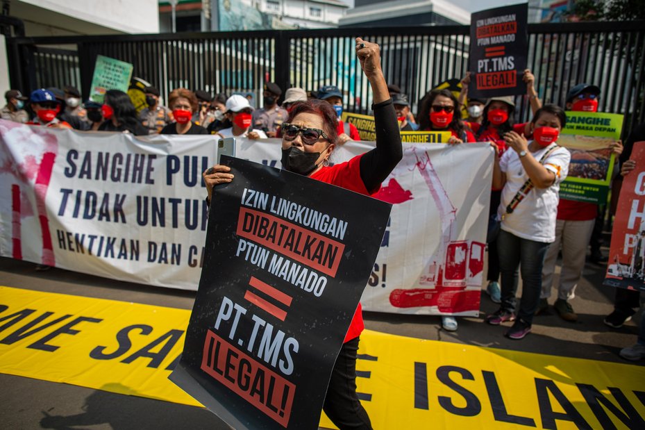 Indigenous people of Sangihe Island and activists hold action against gold mining company PT, Indonesia