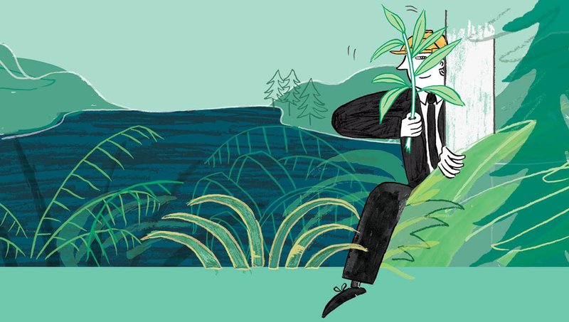 Illustration of a fossil fuel lobbyist hiding behind a bush