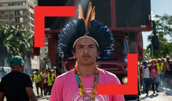 Graphic collage showing an indigenous activist