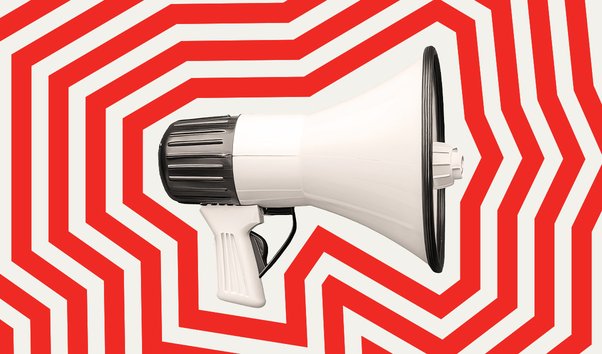 Graphic collage showing a megaphone on red background