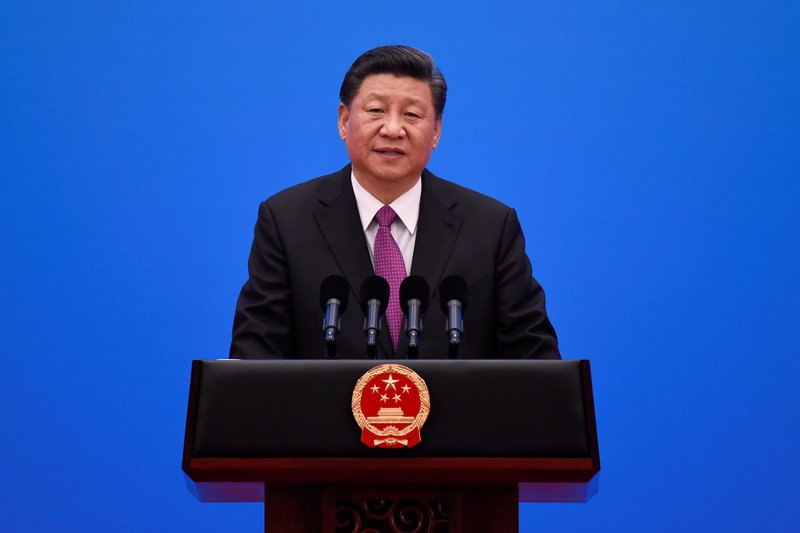 Chinese President Xi Jinping gives a speech at a press conference after the Belt and Road Forum at the China National Convention Center