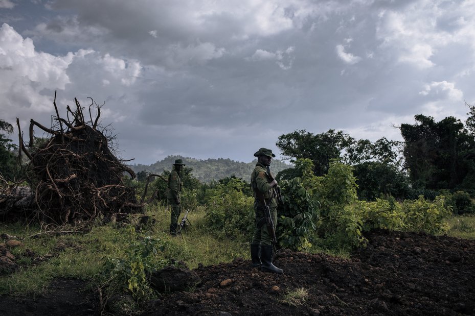 Virunga National Park guards stand guard at the Matebe hydroelectric plant in Rutshuru territory, north of Goma in eastern Democratic Republic of Congo